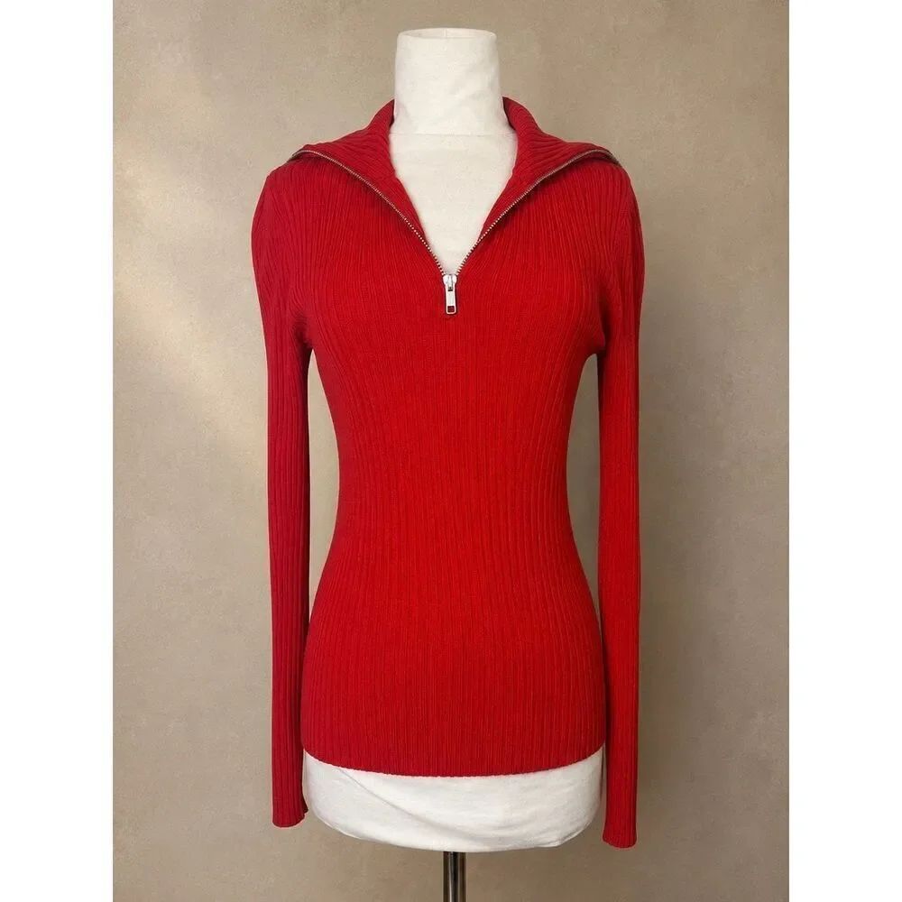 Maeve Sz M Anthropologie Red Ribbed Half-Zip Sweater Top
